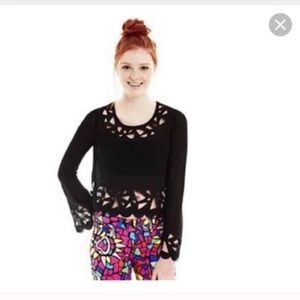 Nanette Lepore L’Amour Black Laser Cut Scallop Crop Top Long Sleeve M